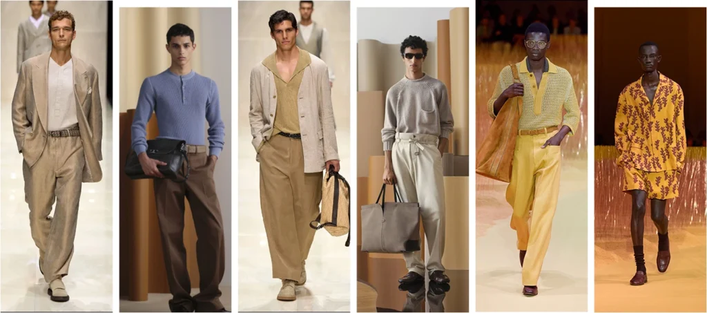 Seis modelos de roupas masculinas numa passarela, no qual estão demonstrando algumas novidades para a temporada de Verão 25 assim como algumas tendências de modelagens, cores e composições para os próximos anos. #passarela #tendenciasverao25 #verao25 #modamasculina #moda #codigozero