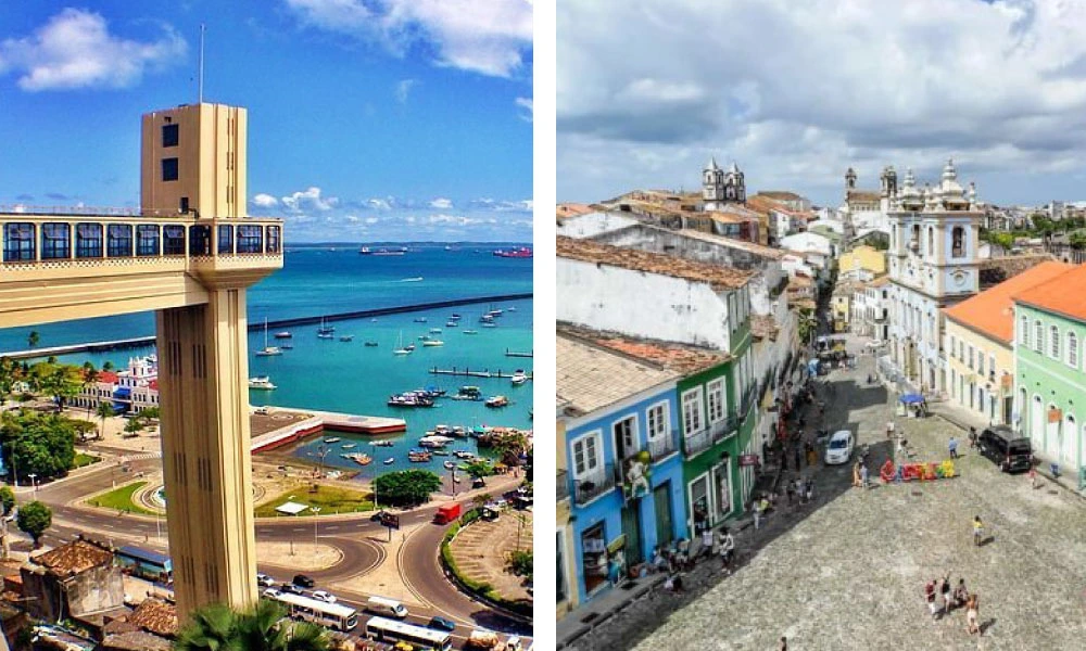 A imagem mostra a cidade de Salvador e destaca a arquitetura e o litoral dessa cidade tão procurada por sua rica cultura. Na imagem, à esquerda é possível ver o Elevador Lacerda, um ponto turístico muito visitado e conhecido nacionalmente. À direita vimos uma rua, com casas coloridas, super reconhecidas de Salvador. #viagem #verao25 #codigozero #guiademala #viagemfimdeano #lookfinaldeano #praia #salvador #bahia 