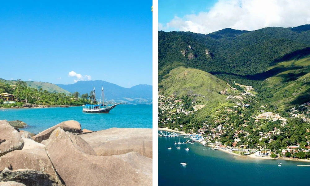Na imagem podemos observar paisagens litorâneas localizadas em Ilhabela – São Paulo. Na parte da esquerda é possível ver uma formação rochosa em frente ao mar, com um barco no meio e uma paisagem ver ao fundo. Na imagem da direita é possível ver uma região montanhosa em frente ao mar, com barcos e casas litorâneas. #viagem #verao25 #codigozero #guiademala #viagemfimdeano #lookfinaldeano #praia #ilhabela 